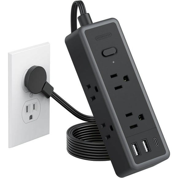 shiyou-Extension Cord 5 ft, 1080 Joules Surge Protector Power Strip with 6 Widely Outlets 3 USB (1 USB C), Flat Extension Cord 3 Side Flat Plug Power Strip for Home Office Dorm Room Essentials