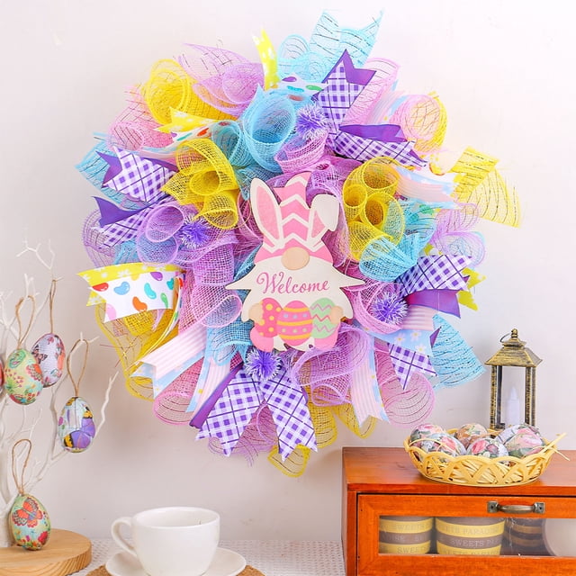 Cheapark Easter Bunny Wooden Sign Wreath Door Hanging Festive Home Mesh And Rattan Loop Decorative Prop Suitable For Easter Wall Or Door Decoration