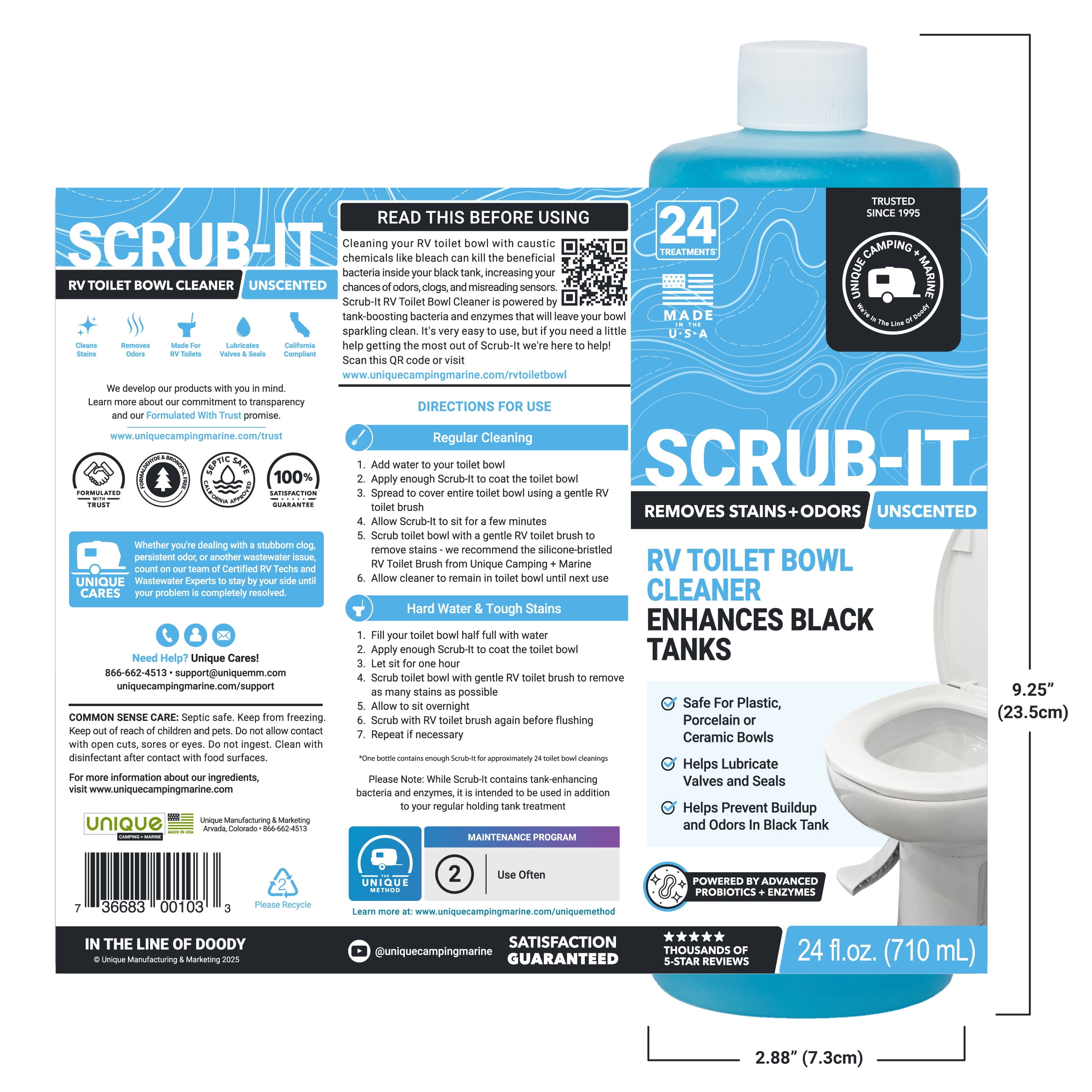 Unique Scrub-It RV Toilet Bowl Cleaner Gel, Removes Stains and Odors, Safe RV Toilet Cleaner for Plastic, Ceramic, and Porcelain, 24 fl oz