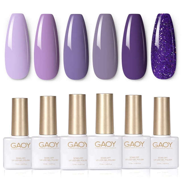 Set de esmaltes de uñas en gel GAOY Purple, 6 colores, purpurina