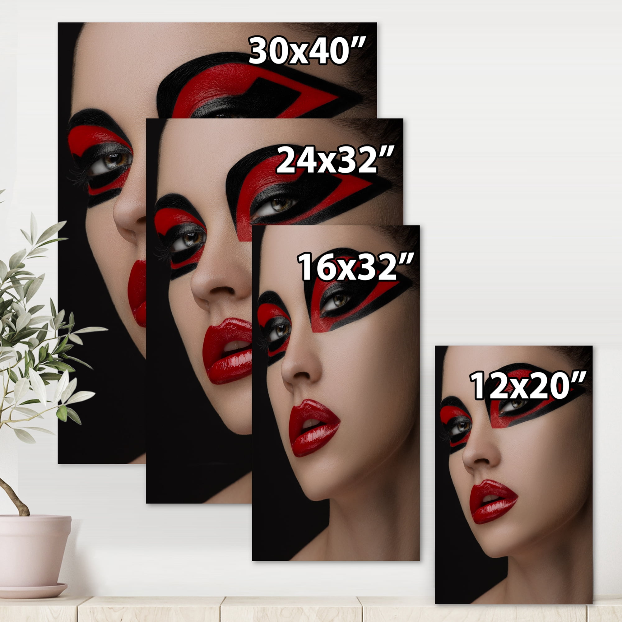 Designart ' Red Lips Black Makeup On The Eyes of Mask Girl ' Modern Canvas Wall Art Print
