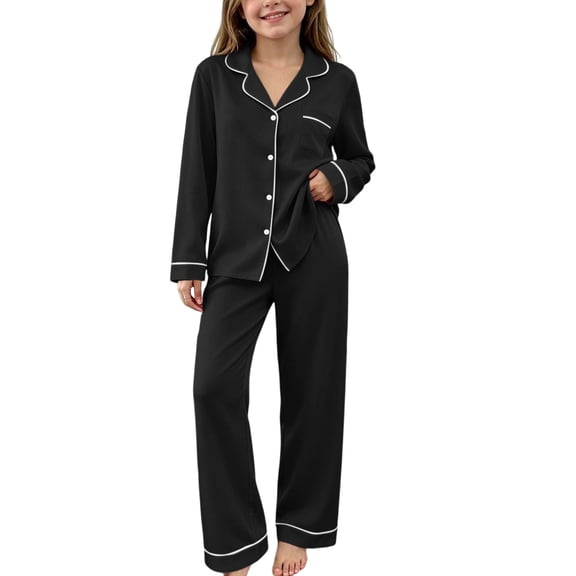 Iyufng Girls Solid Pajama Sets, Button Down Top and Pants Soft Sleep Loungewear 2 Piece Sets