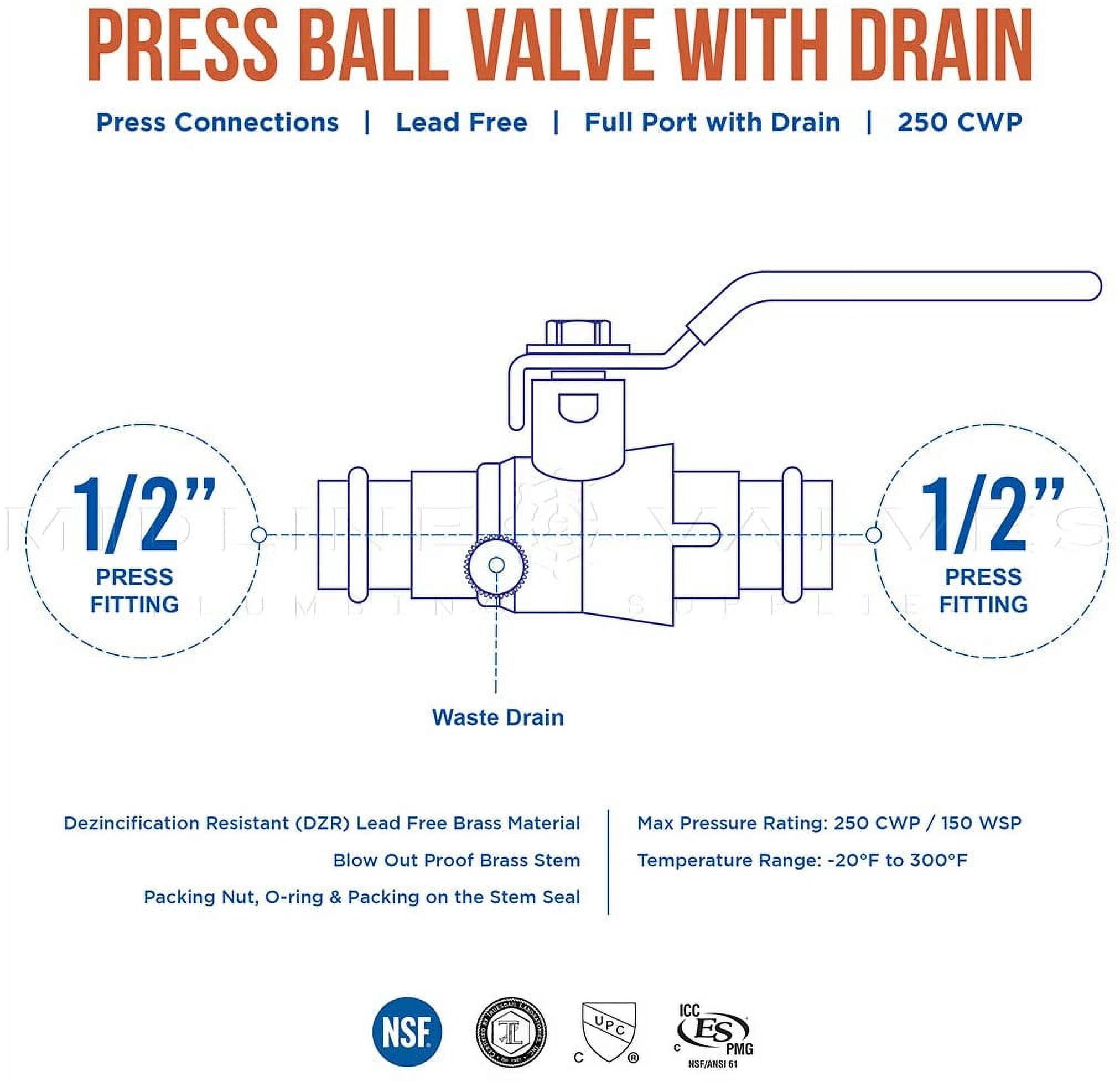 Midline Valve 532012VLVD-5 Premium Press Ball Valve with Drain, with 1/2 in. Press Connections, Brass (Pack of 5)