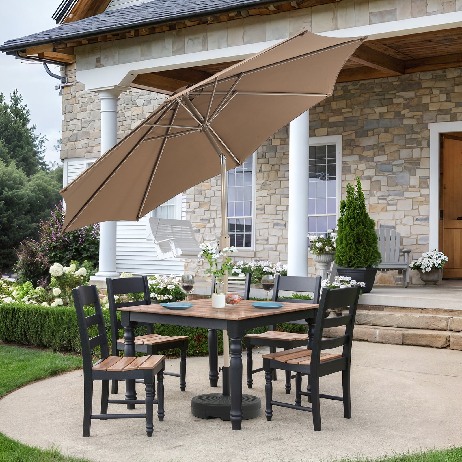 Aoodor 9FT Outdoor Patio Umbrella with 8 Steel Ribs and Push Button Tilt Crank, UV Protection, Coffee