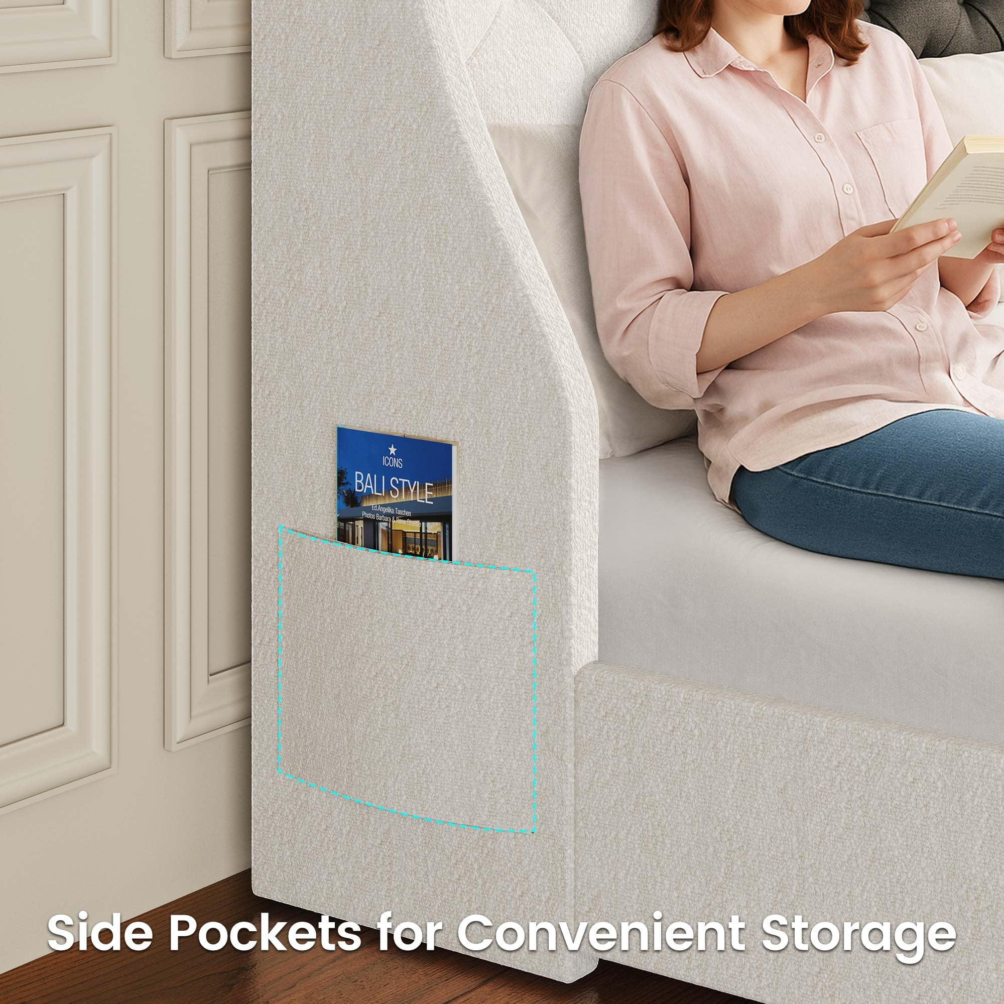 Greenstell Smart Charging Storage Bed Frame - 900lbs Capacity Noise-Free, Twin, Off White