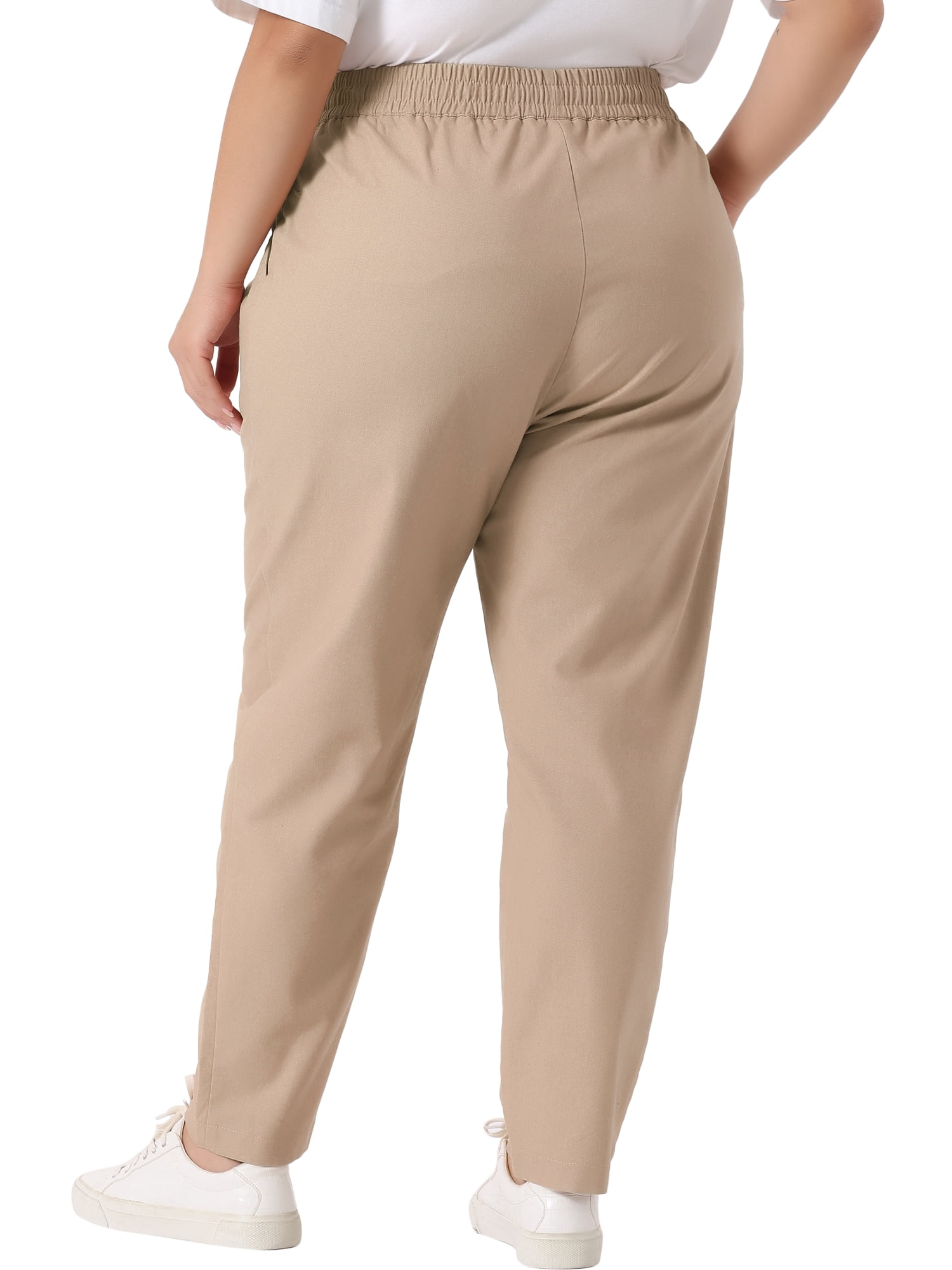 DARING DIVA Women's Plus Straight Leg Elastic Loose Pockets Trousers Khaki 3X