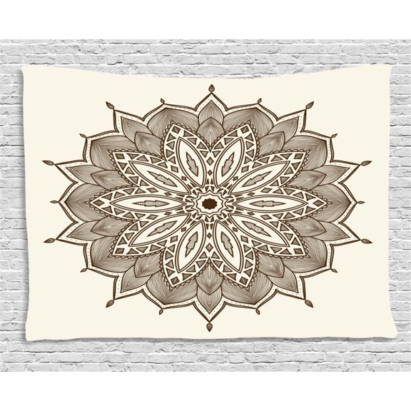 Brown Mandala Tapestry, Antique Detailed Mandala Image Tribal Moire Leaves Pattern Print, Wall Hanging for Bedroom Living Room Dorm Decor, 80W X 60L Inches, Brown and Eggshell, by Ambesonne