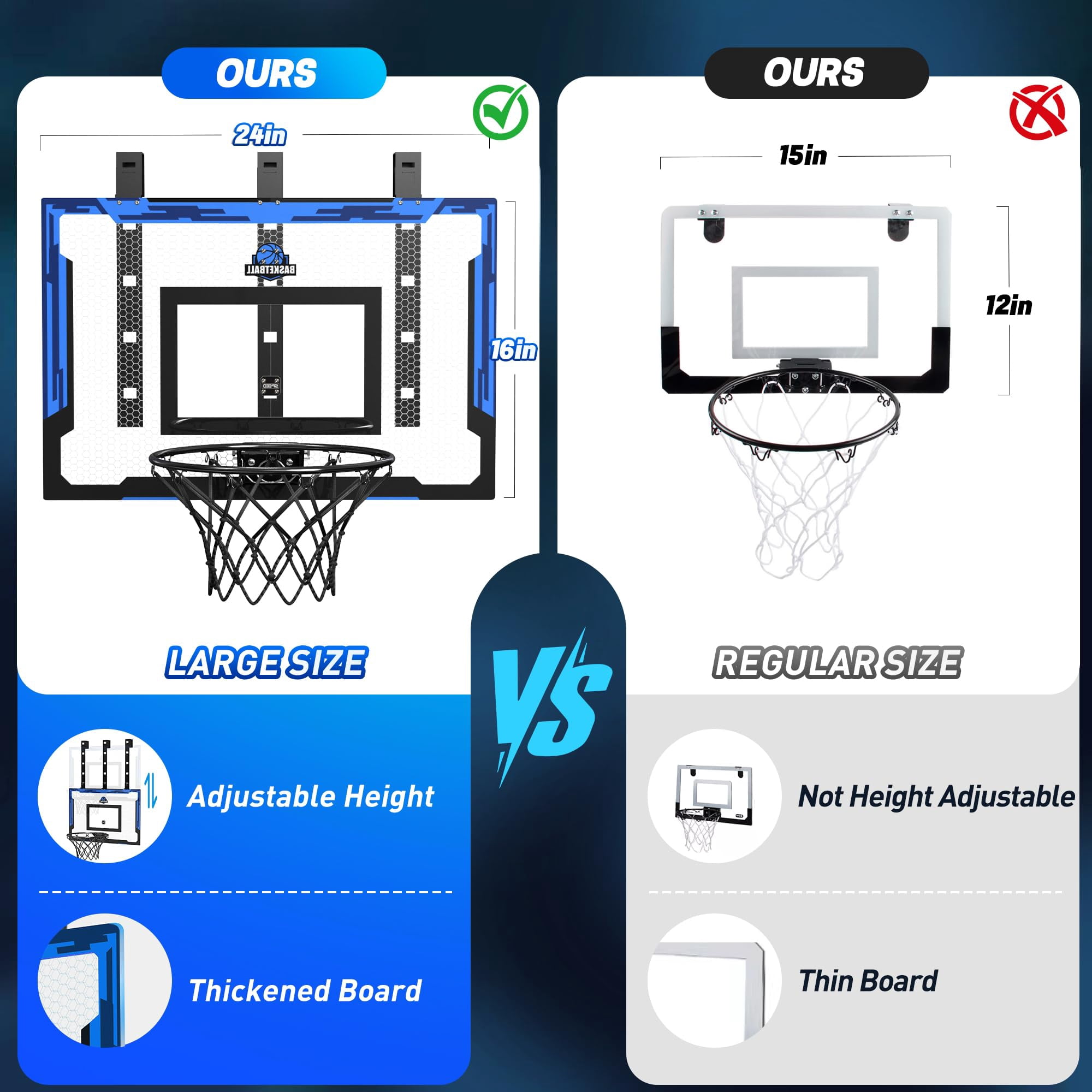 24" X 16" Indoor Large Basketball Hoop - Upgraded Adjustable Height Over The Door With Complete Accessories  Toys Christmas Birthday Gifts For & Adults