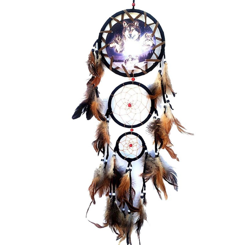 6.5" Wolf Head # 4  Dream Catcher With Beads,Fur & Feathers Wall Decoration 