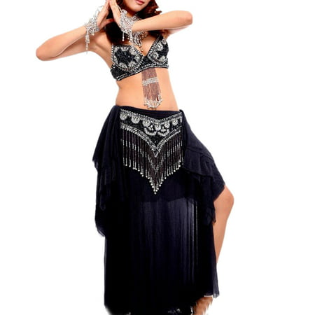 BellyLady Professional Belly Dance Costume, Fringe Bra, Waist Belt and Skirt-Black