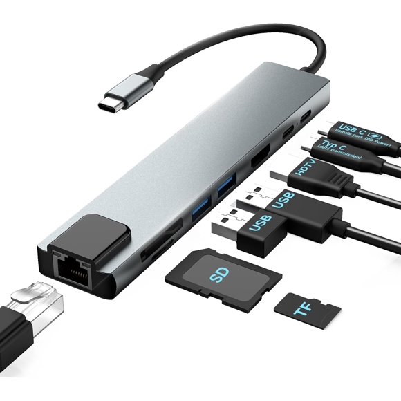 shiyou-USB C Hub, Docking Station 8 in 1 with 100W PD, 4K@30Hz HD, 5Gbps USB 3.0, USB 2.0, USB C, RJ45 Ethernet, SD/TF Card Reader for Mouse, Keyboard, U Disk, Flash Drive, Mobile