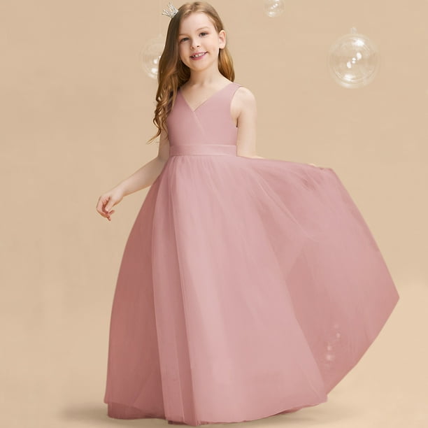 pink jr bridesmaid dresses Ever-Pretty Round Neck Tulle Midi Cocktail Dress with Satin Waist and Sheer Sleeves main image 1