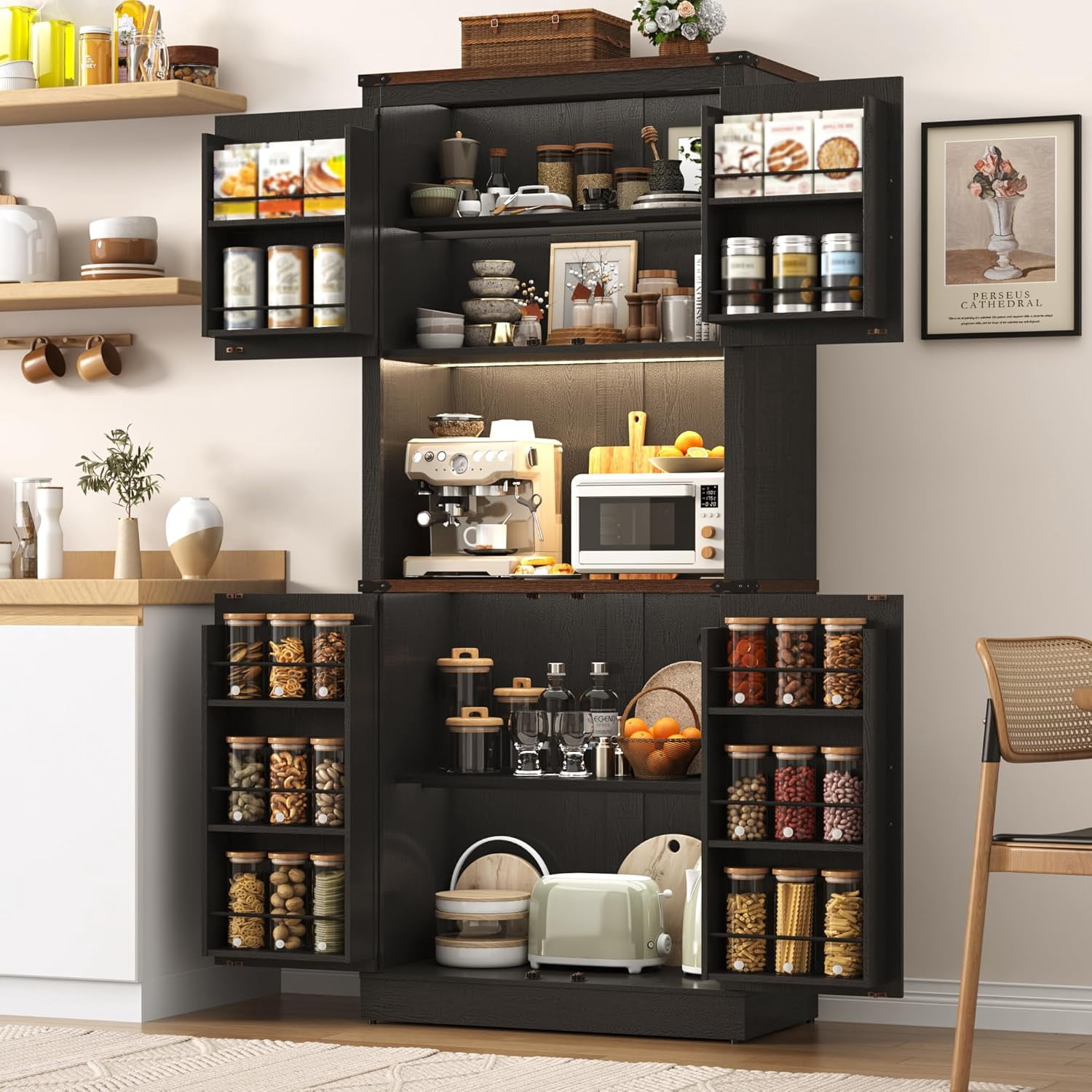 72" Tall Farmhouse Kitchen Pantry Cabinet with 10 Side Shelves and LED Light & Power Outlet, 5 Layers Pantry Storage Cabinet with Barn Doors&Load-Bearing Steel Pipe for Dining Room,Living Room