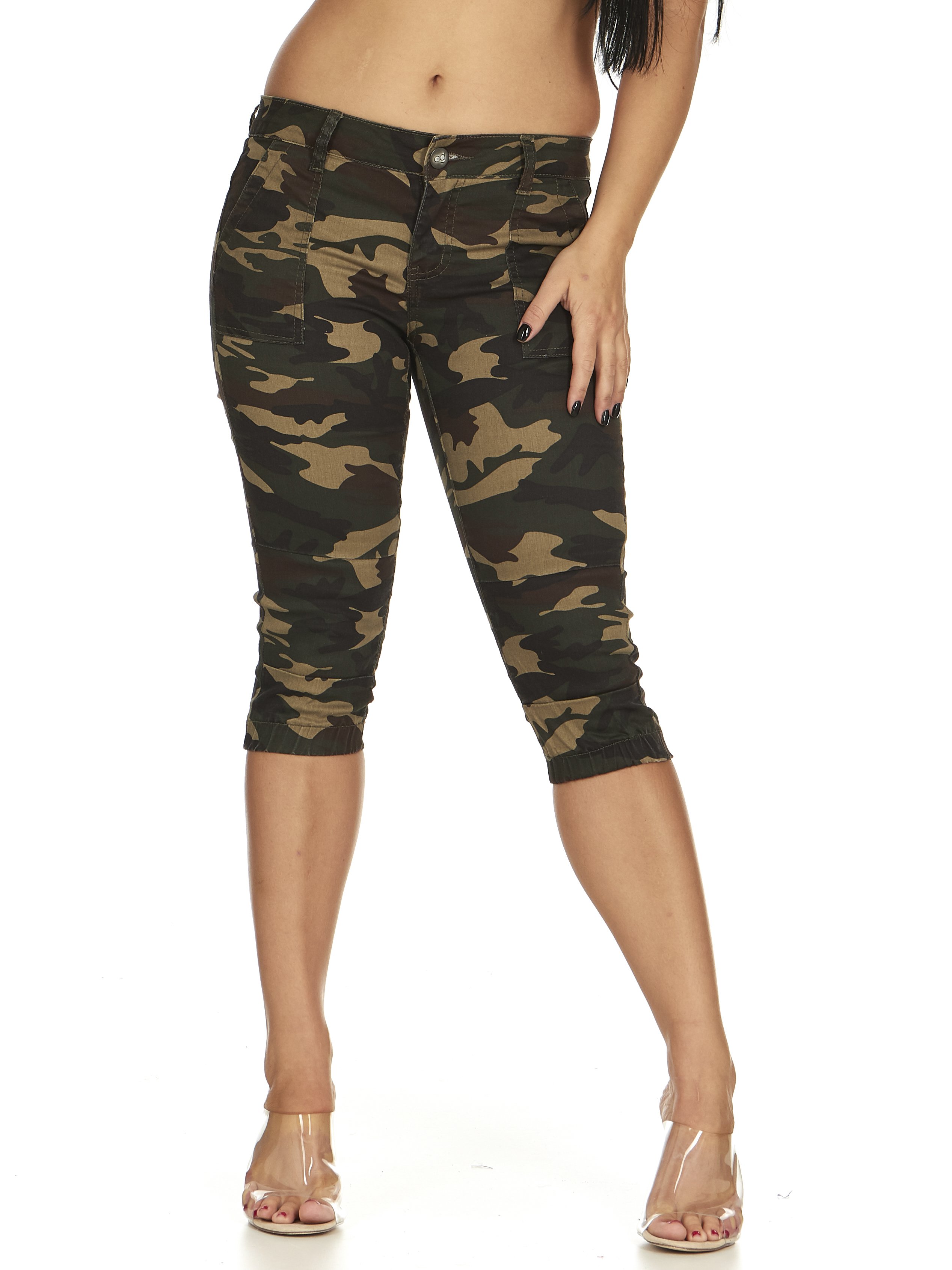 Cute Teen Girl Junior's Plus Size Cute Camo Denim Mid Rise High Waisted Jeans Shorts, Army Button, 16 - image 1 of 7