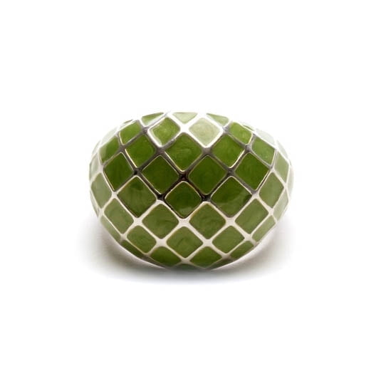 Geometric Dome Ring with Green Enamel Cross Hatch Pattern - Size 12 Jewelry Ring Silver