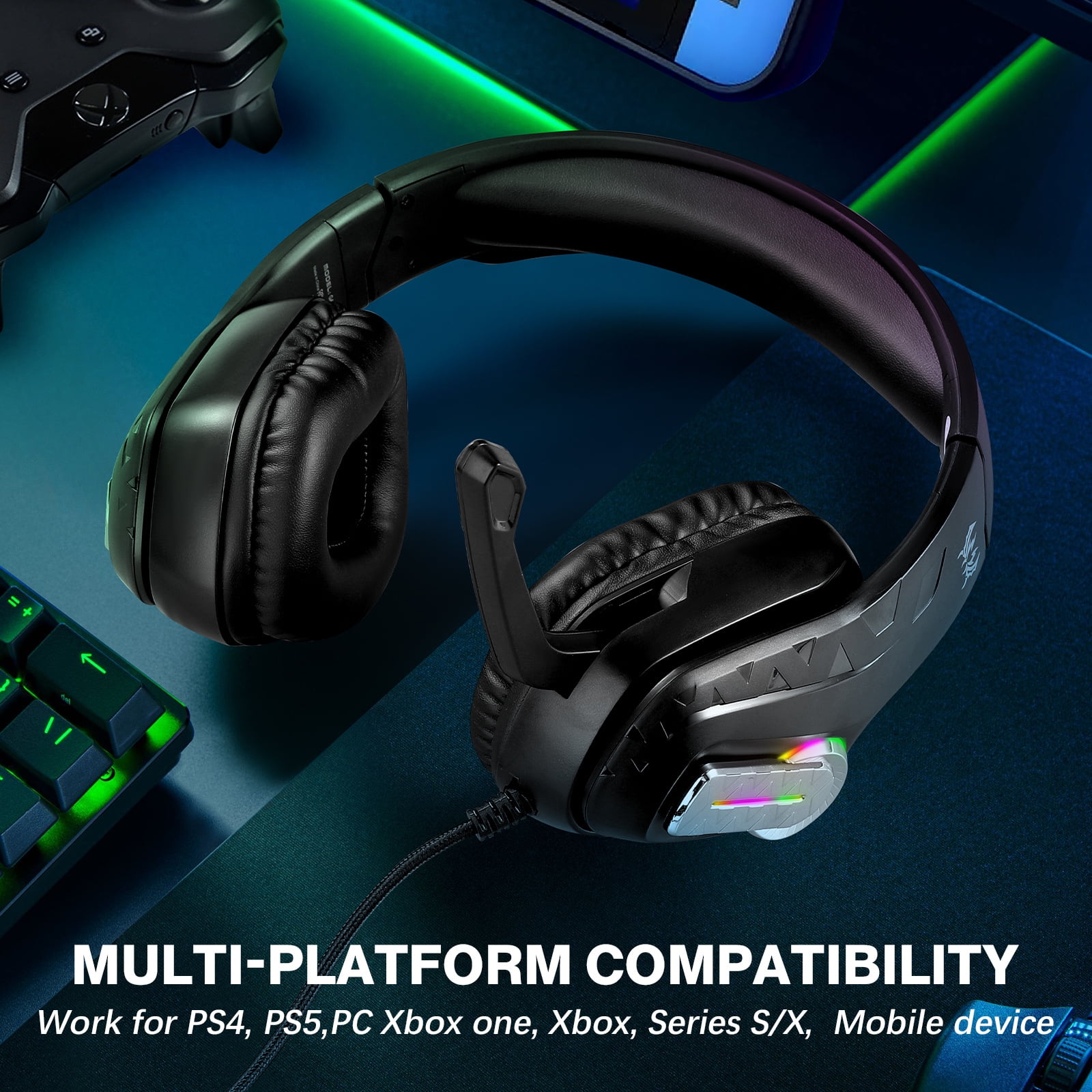 Wireless Gaming Headsets, 2.4GHz Wireless Gaming Headphone with ENC Noise Canceling Microphone, Bluetooth 5.4, Cool Lighting, 50H Battery, 40mm Drivers