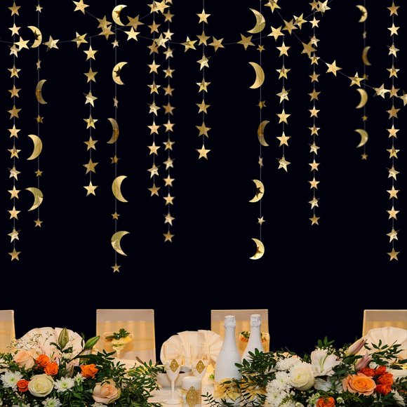 52ft Gold Moon and Star Garland HADEEONG 4Pcs Star Garlands Moon Streamers Ramadan Reflective Glitter Paper Hanging Moon Star Banner Garland for Gold Birthday Party Decorations