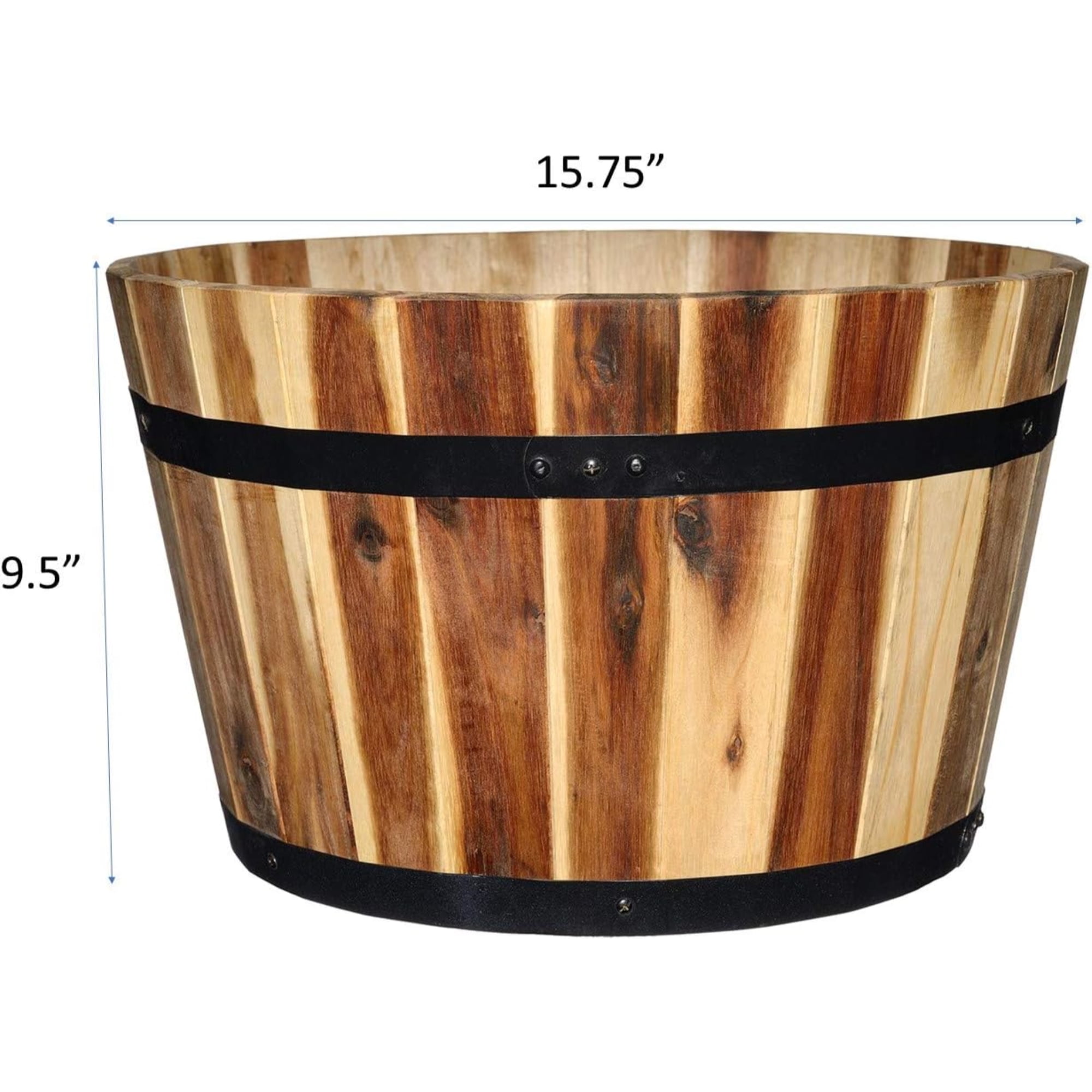 Classic Home and Garden Acacia Wood Whiskey Barrel Planter with Black Metal Band, 15.75in D x 9.5in H