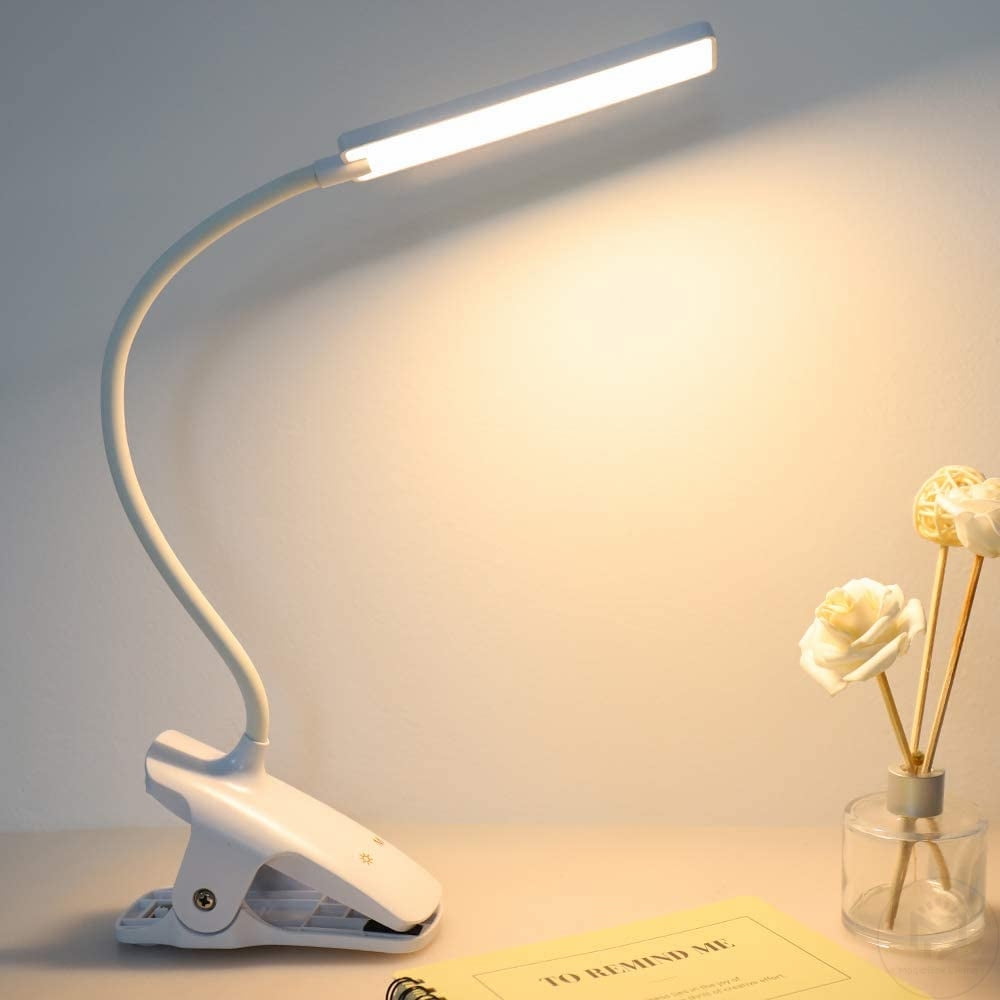 Esbaybulbs 24 LED Desk Lamp, Eye Care Book Light, Rechargeable Reading Lights, 3 Color Modes 3 Brightness, Touch Control, Flexible Clamp Lamp for Home Office Headboard, White