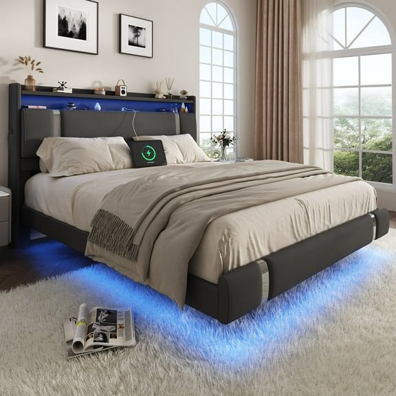 NEGYLIM Floating Bed Frame Queen Size with LED Lights, Easy to Assemble, Metal Platform Bed with Storage Headboard, No Box Spring Needed, Black