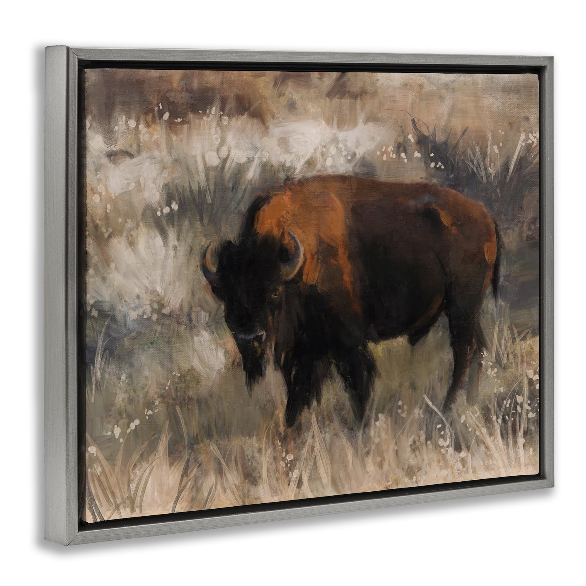 Stupell Industries Traditional Bison Range Animals & Insects Painting Gray Floater Framed Canvas Art Print Wall Art, 31 x 25