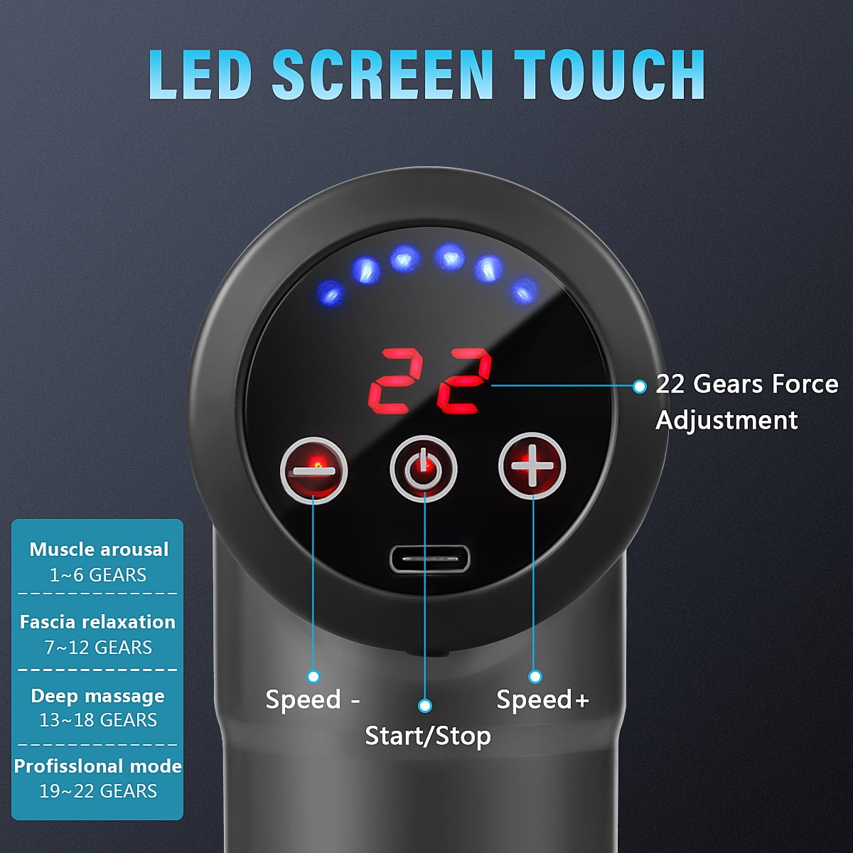 Muscle Massage Gun, Electric Percussion Massager Deep Tissue Massage with 22 Speeds & LCD Touch Screen, 4 Replacable Massage Heads Low Noise for Muscle Pain Relief