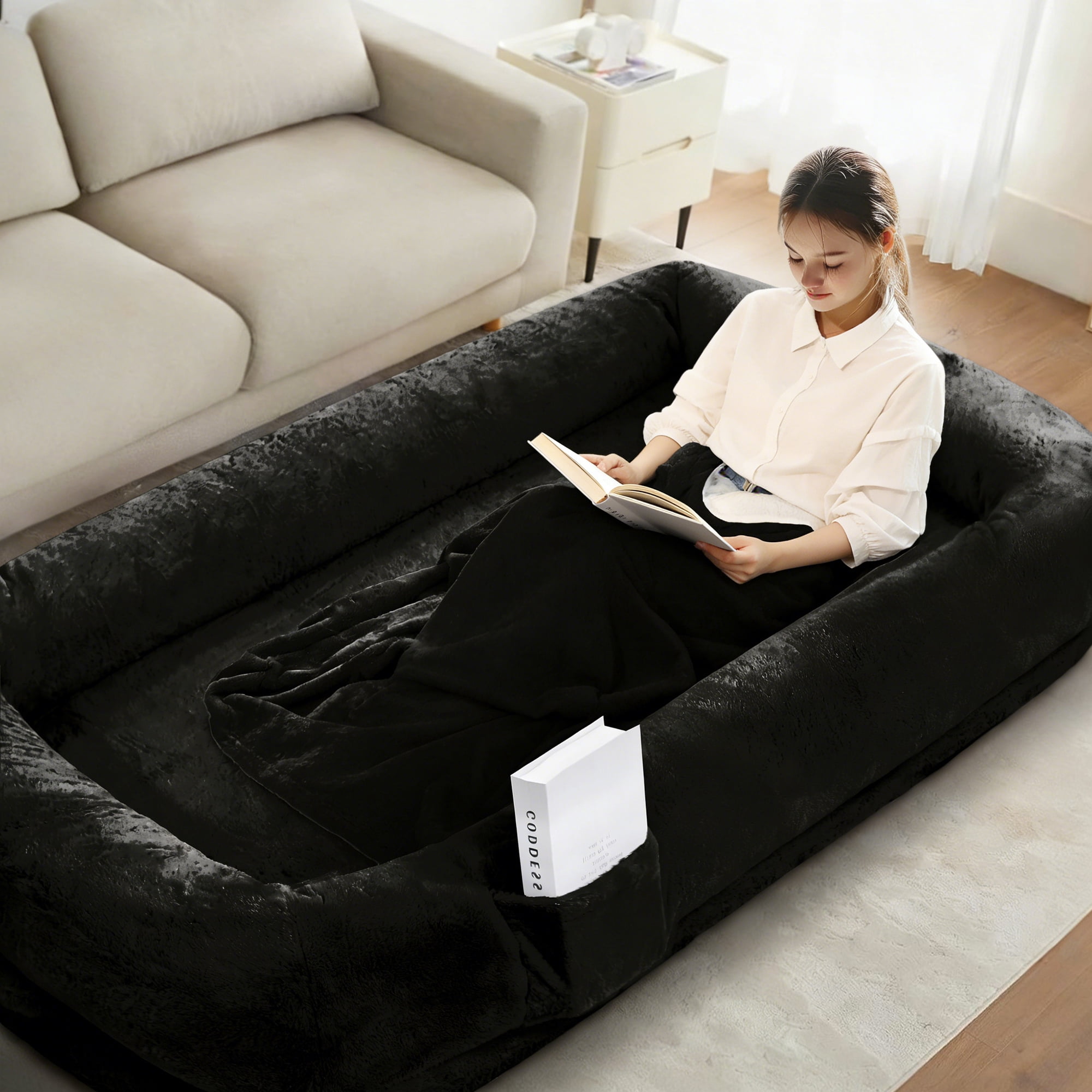 Skandiquip Human Dog Bed for Pets and Adults, 71"x43"x10" Orthopedic Memory Foam Lounger, Washable Faux Fur Cover with Blanket, Non-Slip Elastic Base, Black