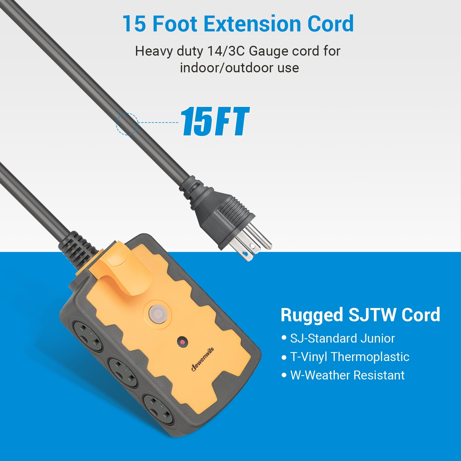 DEWENWILS  6-Outlet Power Strip, 15 FT Extension Cord Hub, Heavy Duty 14/3C Gauge,  15A Circuit Breaker