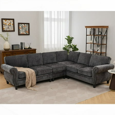 Modern L-Shaped Sectional Sofa with Rivets, 109.5" Chenille for Living Room