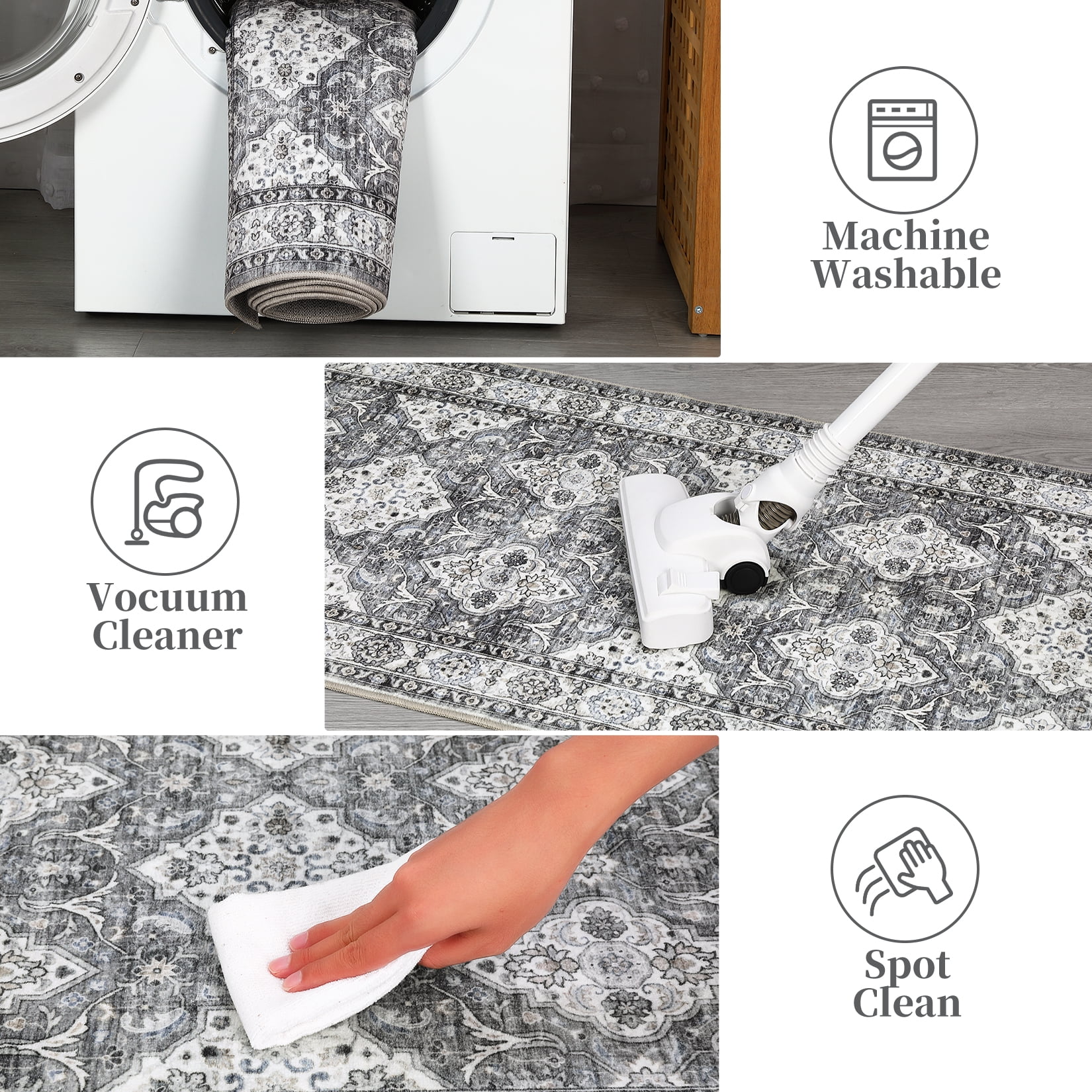 GlowSol 8' x 10' Vintage Floral Area Rug Washable Boho Rug Non-Shedding Stain Resistant Carpet for Dining Room Office, Gray