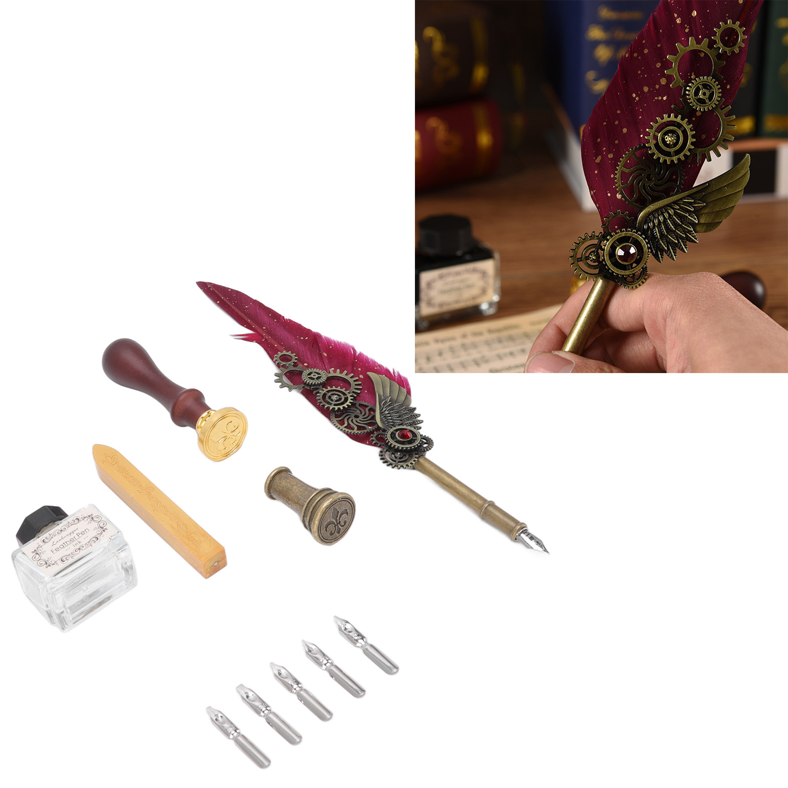 Nieyigj Vintage Mechanical Feather Quill Dip Pen Set with Brass Base, Wax Seal Stamp, and 5 Replacement Nibs - Elegant Wine Red Calligraphy Writing Kit for Artists and Beginners