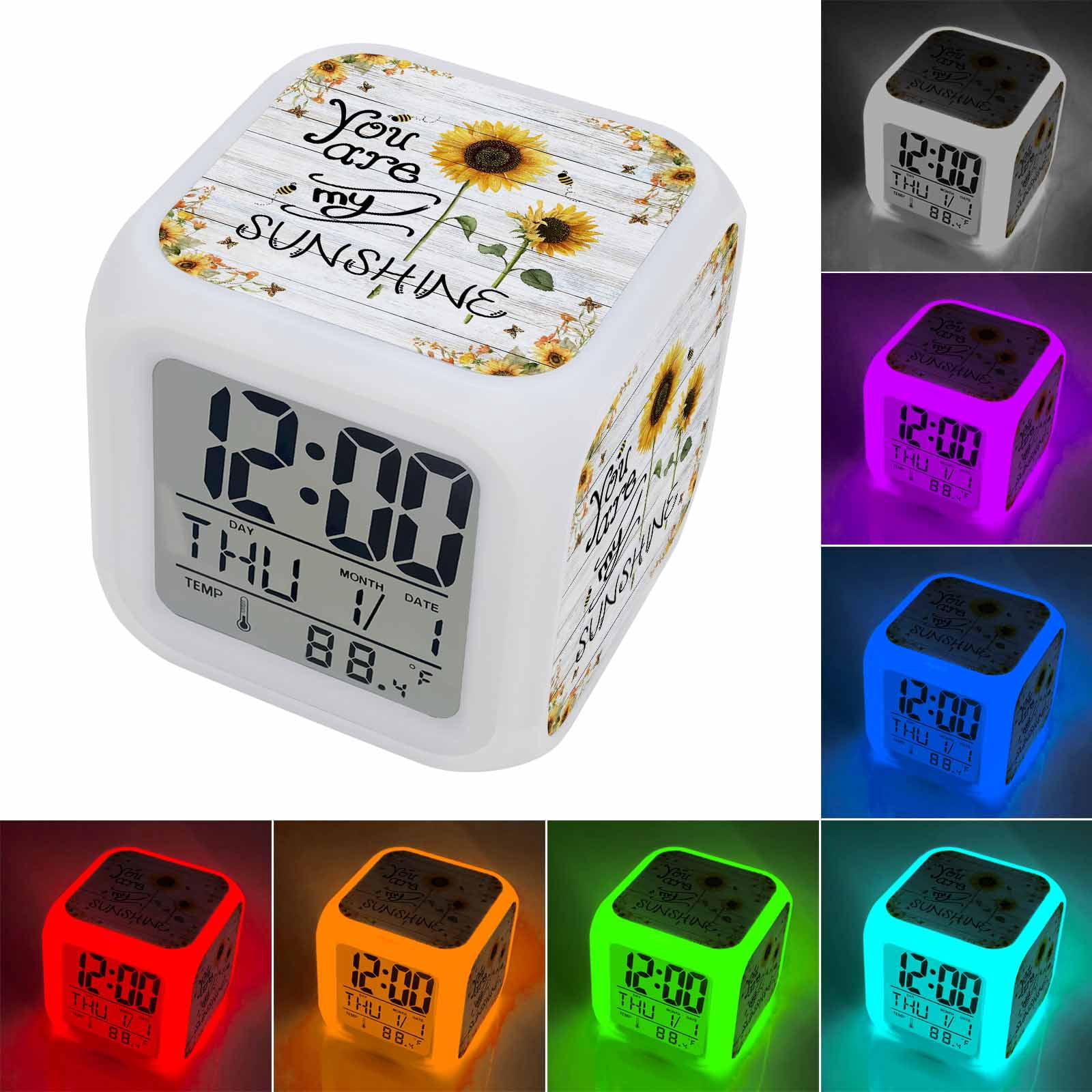 Alarm Clocks You Are My Sunshine Digital Clock 7 Color LED Night Light Silent Non-Ticking Battery Operated Bee Sunflower Wooden Cube Clocks Decorative for Bedroom Bedside Living Room Office School