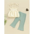 thumbnail image 2 of Arvbitana Toddler Baby Girls 2Pcs Summer Outfits Sleeveless Tie Up Smocked Bubble Tops + Solid Color Flare Pants 6M 12M 18M 24M 3T Infant Casual Long Pants Sets, 2 of 9