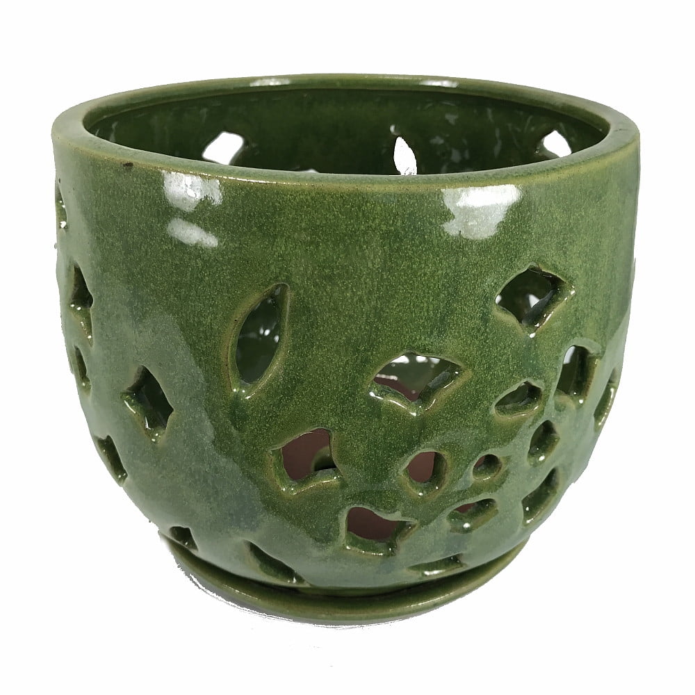 Flower Cut Glazed Ceramic Orchid Pot/Saucer Grass Green 7.5" x 7