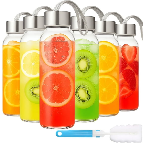 Clear Glass Bottles with Lids 18 oz, Reusable Glass Water Bottles with Stainless Steel Cap for Juicing, Refrigerator,100% Leak Proof, BPA Free, Juice Water Bottle Set of 6