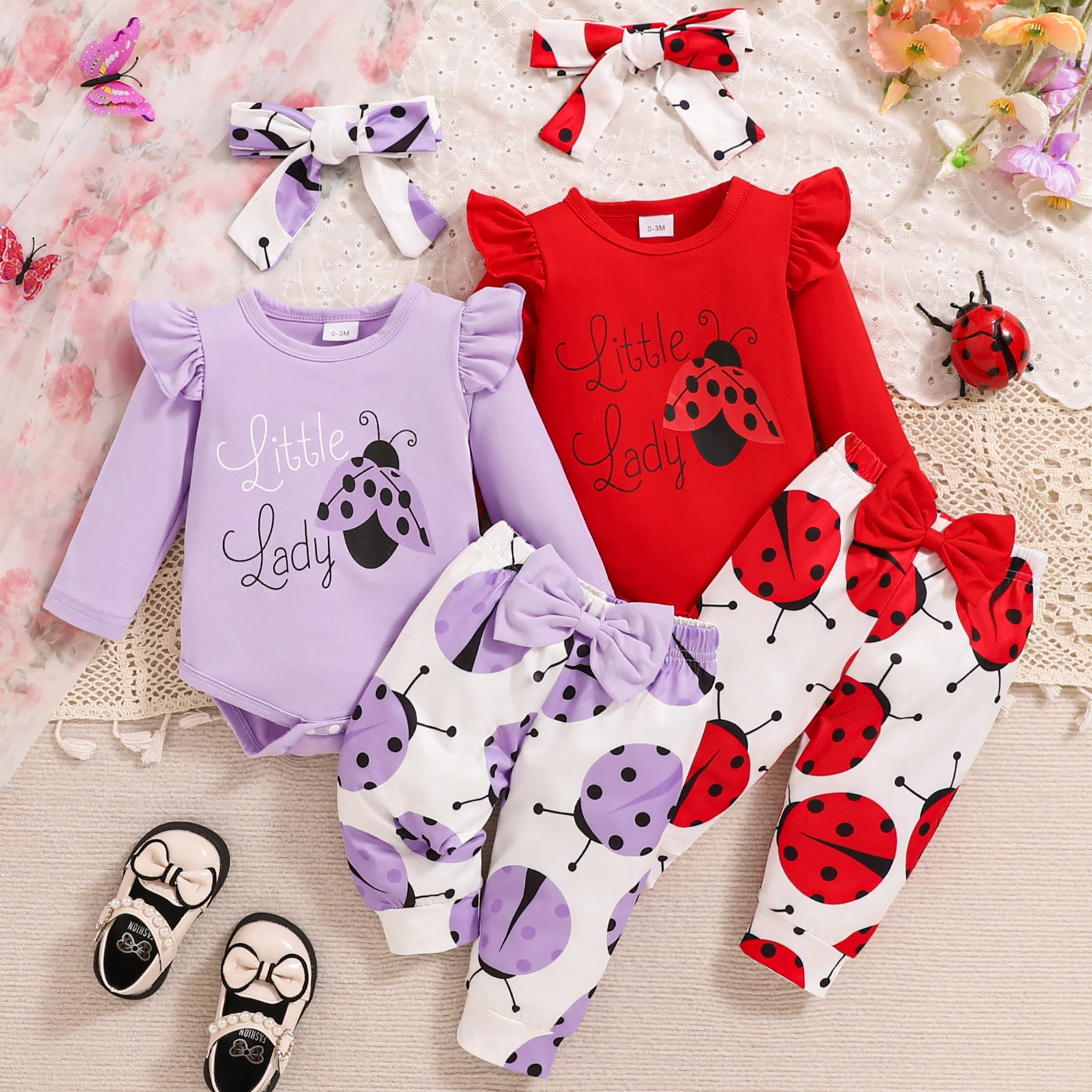 Yindaity Girl Outfits Girl Clothes Rib Knit Pants Headband Baby Clothes for Girls 0 3 6 12 18 24 Months(Red,6-9 Months)
