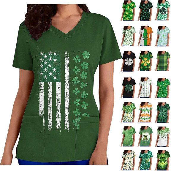 Feancey Women's Scrub Tops St Patricks Day Green Clover Printed Medical Scrubs Plus Size Casual Short Sleeve V Neck Working T-Shirts with Pockets Green XXL