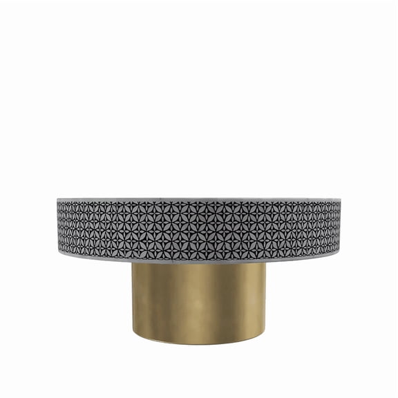 Black & White Bone Inlay Coffee Table – Round Floral Motif with Brushed Gold Base, Handmade Accent Table