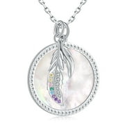 Gallery Gems Mother of Pearl & Multi Color Cubic Zirconia Feather Necklace in Rhodium over Sterling Silver