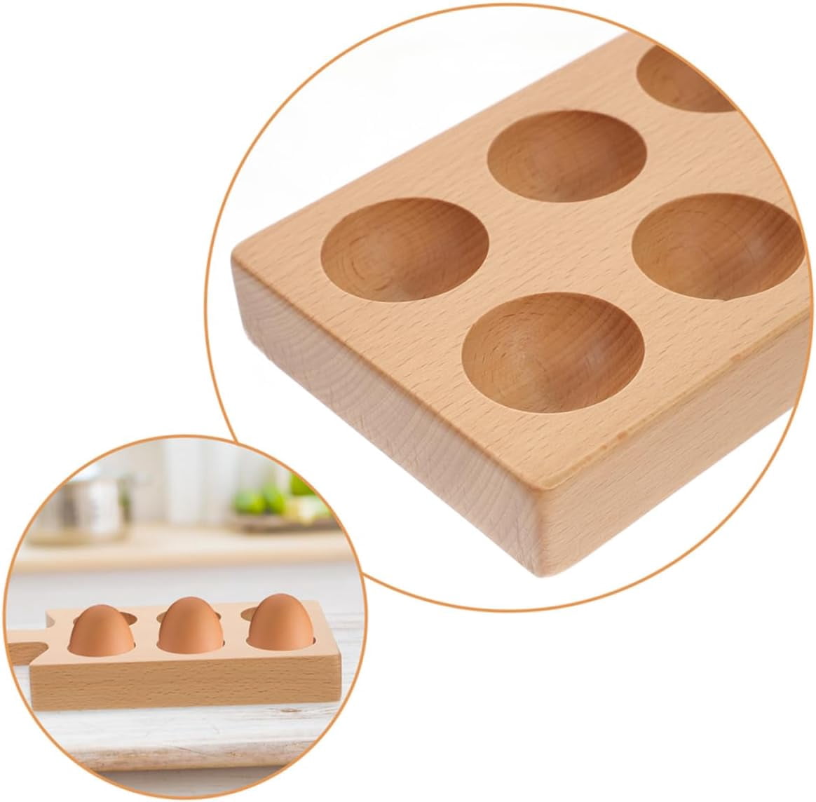 ABCISI Wooden Egg Tray with 6 Compartments and Handle, Deviled Egg Board Platter Holder for Refrigerator Kitchen Countertop Organizer, 8.66X4.33X1.06 Inches