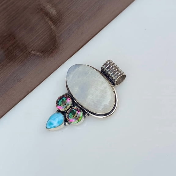 Natural Rainbow Moonstone & Mystic Topaz And Larimar Natural Gemstone Pendant 925 Sterling Silver Handmade Jewelry