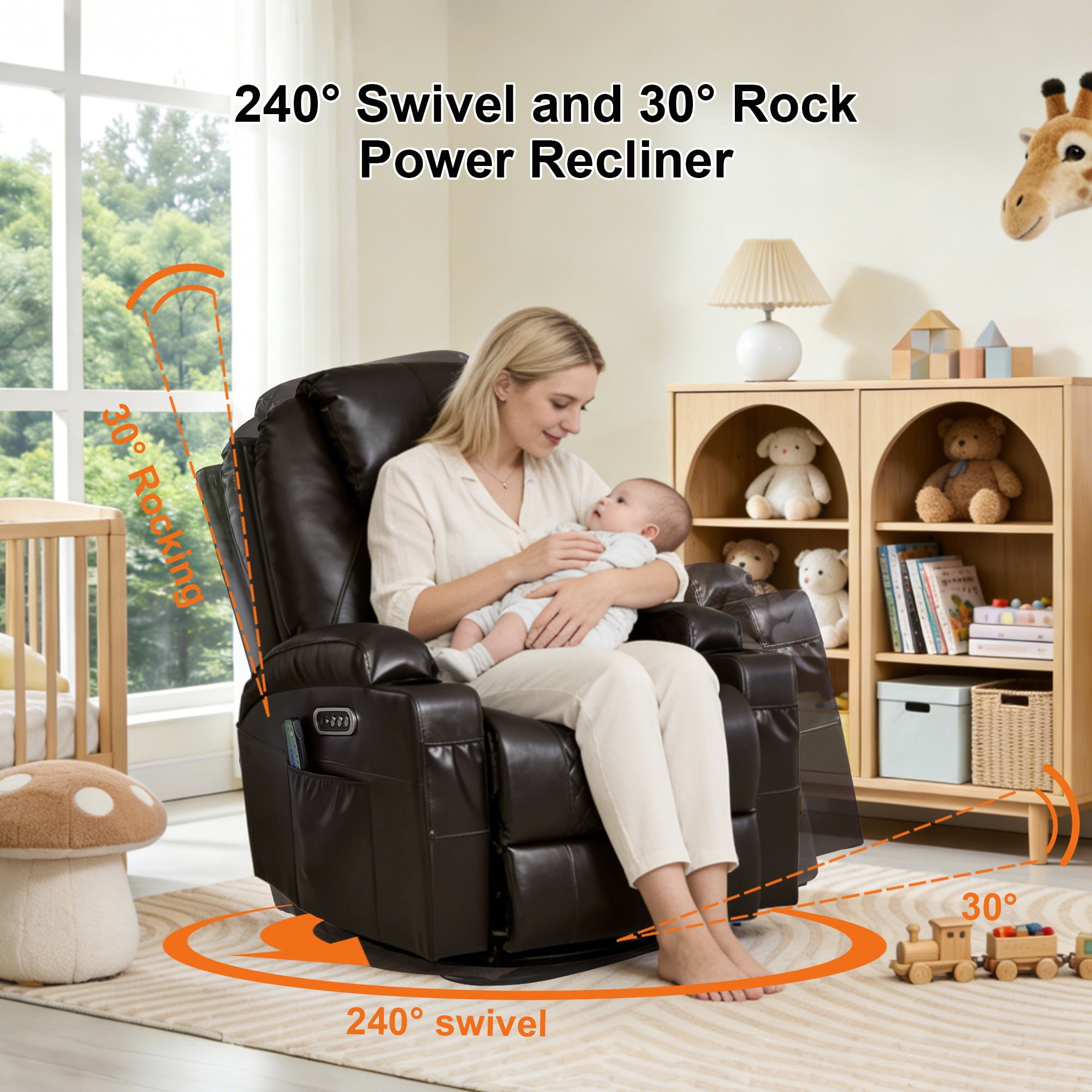 Dual Motor Power Swivel Rocker Recliner Chair for Adults with Heat and Massage, Electric Wall Hugger Rocking Recliner for Nursery Living Room with LED Lights, USB A&C Ports
