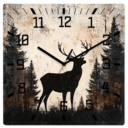 Vintage Forest Deer Wooden Wall Clock Silent Non Ticking, Rustic Country Wildlife Woodland Square Wall Clocks Battery Operated, Decor Clock for Home Office, Living Room, Kitchen, 10 Inch