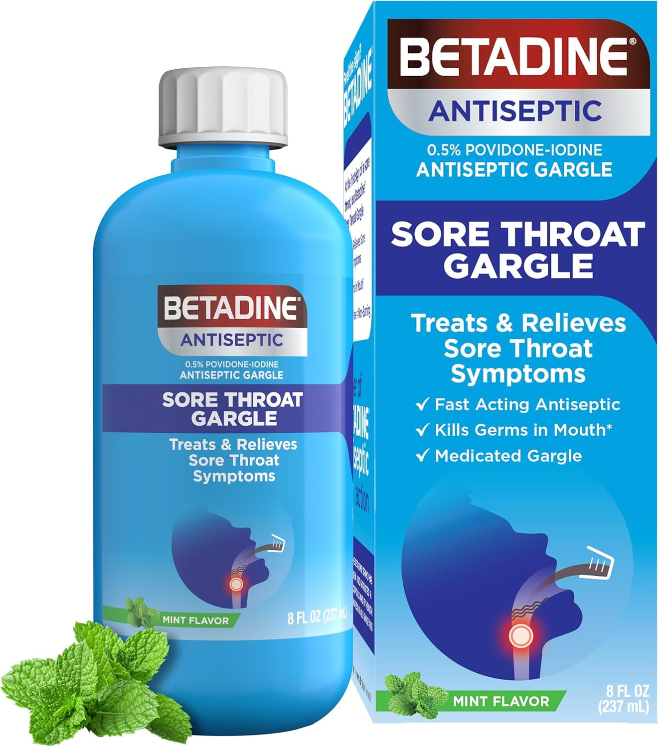 (3 pack) Betadine Antiseptic Medicated Sore Throat Relief Gargle With Povidone-Iodine, Mint, 8 fl oz