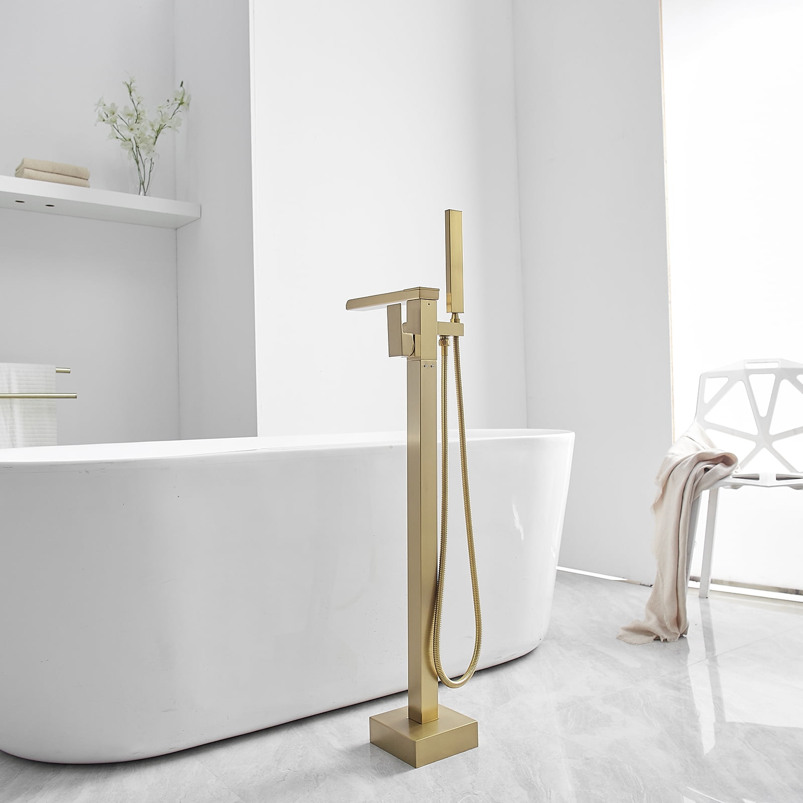 Single-Handle Floor Mount Freestanding Bathtub Faucet Waterfall Tub Filler with Handheld Shower in Brushed Gold