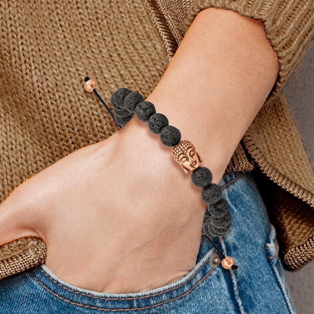 Diamond2Deal Stainless Steel Antiqued and Rose IP-Plated Buddha Lava Stone Black Macrame Adjustable Bracelet for Men