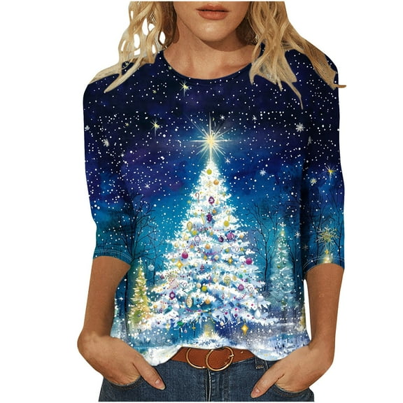 Meichang Christmas Shirts for Women Glitter Xmas Tree Print 3/4 Sleeve Tops Crewneck Sparkly Pullover Blouse Tunic Tops Plus Size
