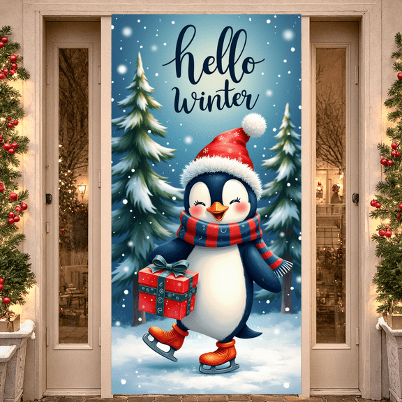 Colorful Illustration Penguin Christmas Banner Decorative Print Holiday Winter Scene for Party Celebration Indoor Decoration