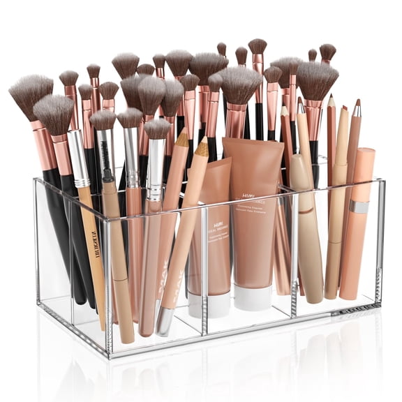 Niubee Acrylic Makeup Brush Holder with 6 Slots Brush Organizer, Clear Storage Holder for Bathroom, Bedroom, or Office Desk Accessories