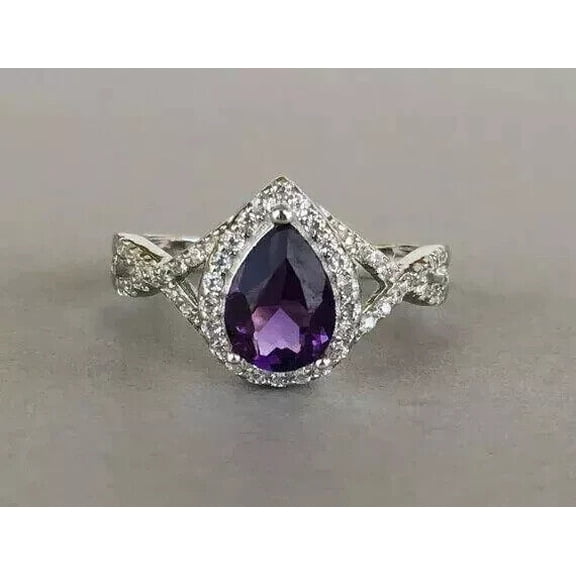 2Ct Pear Cut Lab-Created Amethyst 14K White Gold Plated Women Engagement Ring